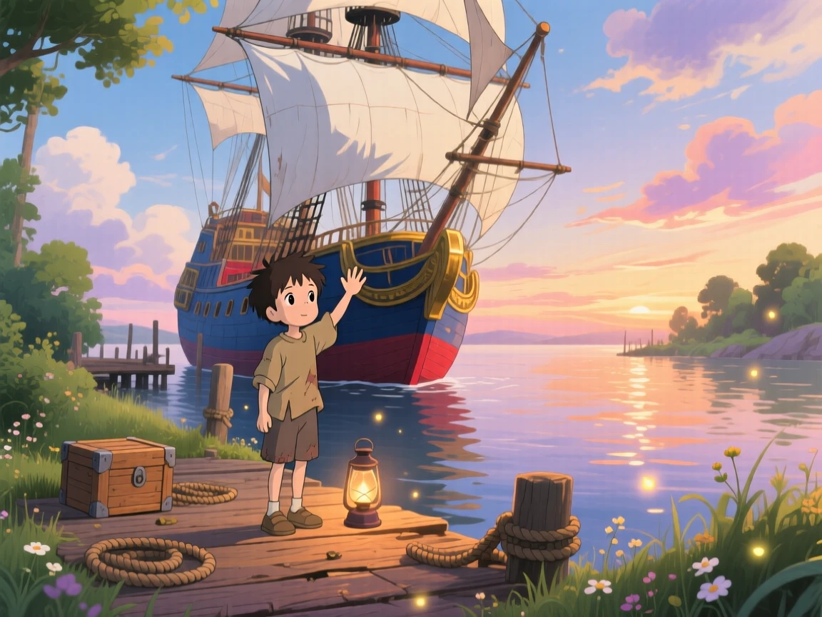 A tender moment of a young boy waving goodbye to a departing ship from the dock, the scene warmly nostalgic.