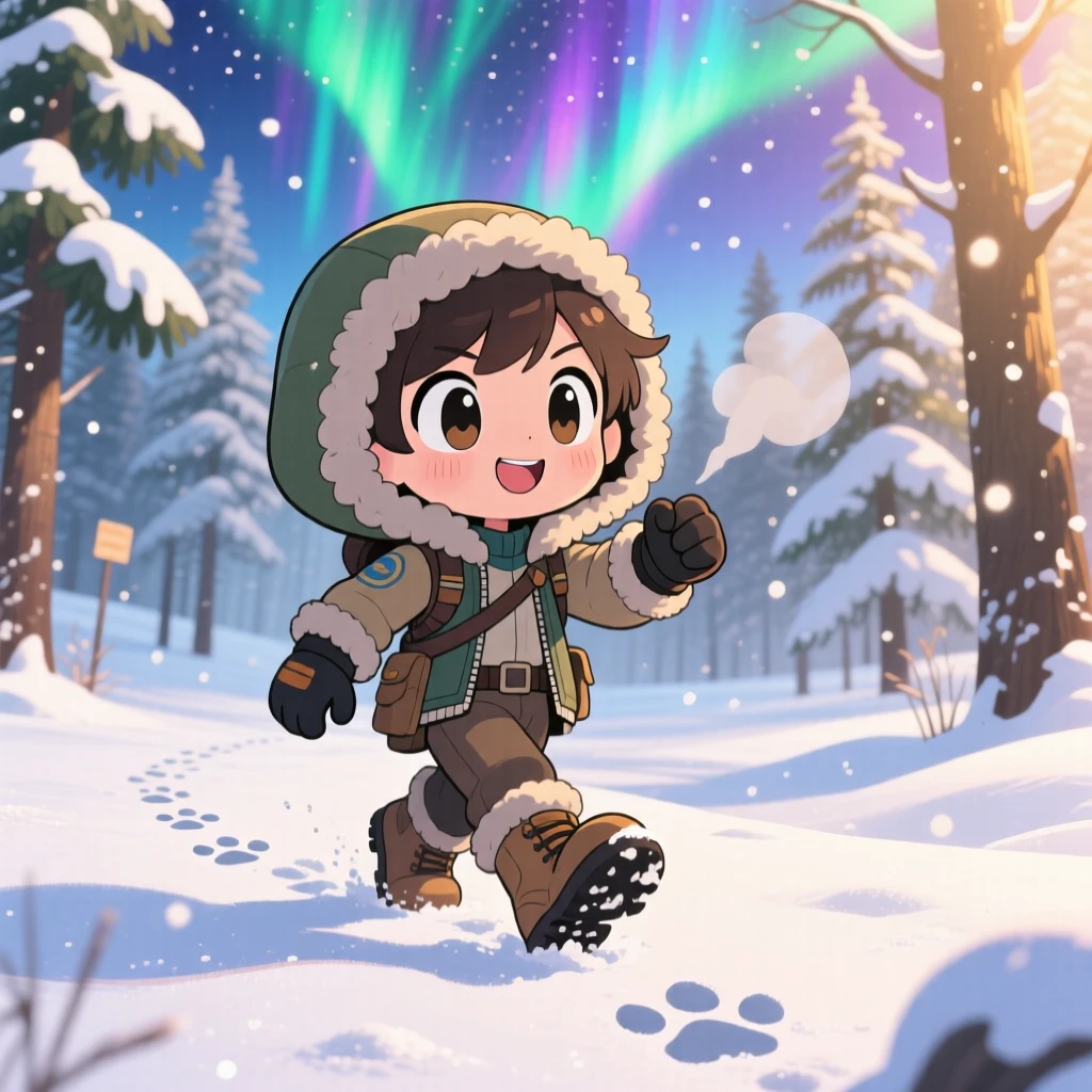 Full-body shot of a determined ranger, tracking paw prints through fresh snow, in a quiet winter forest, beneath swirling aurora-lit skies, illuminated by soft golden-hour sunlight, radiating bubbly enthusiasm.