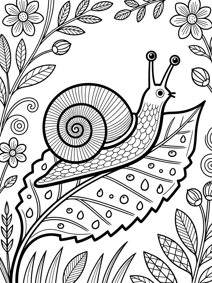 A snail with a spiral shell resting on a dew-covered leaf.