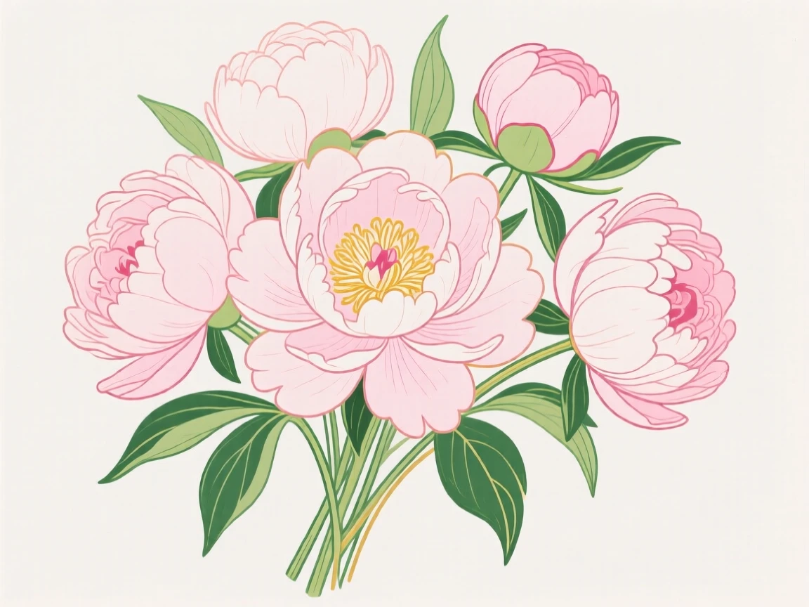 A bouquet of peonies in soft full bloom.