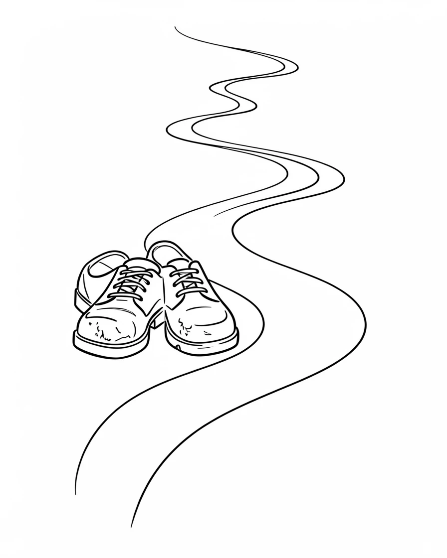 A pair of worn shoes left at the start of a long trail, representing a fresh start