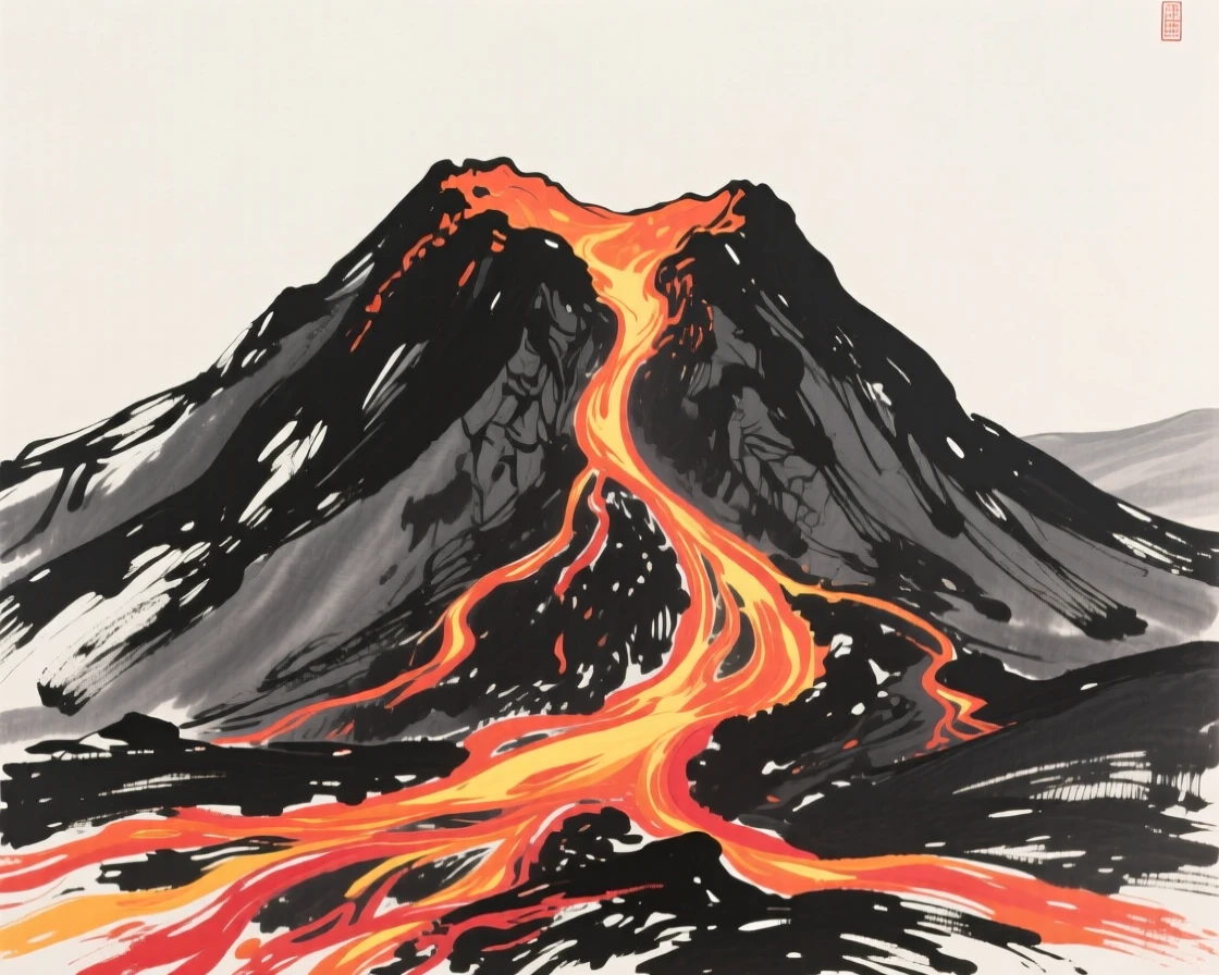 A volcanic landscape with glowing lava flowing down a dark mountainside.