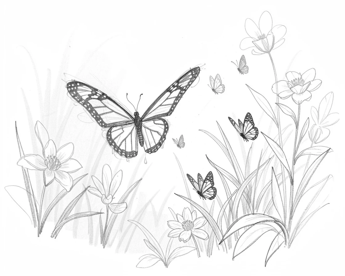 A monarch butterfly chasing butterflies through a garden, framed by soft morning mist.
