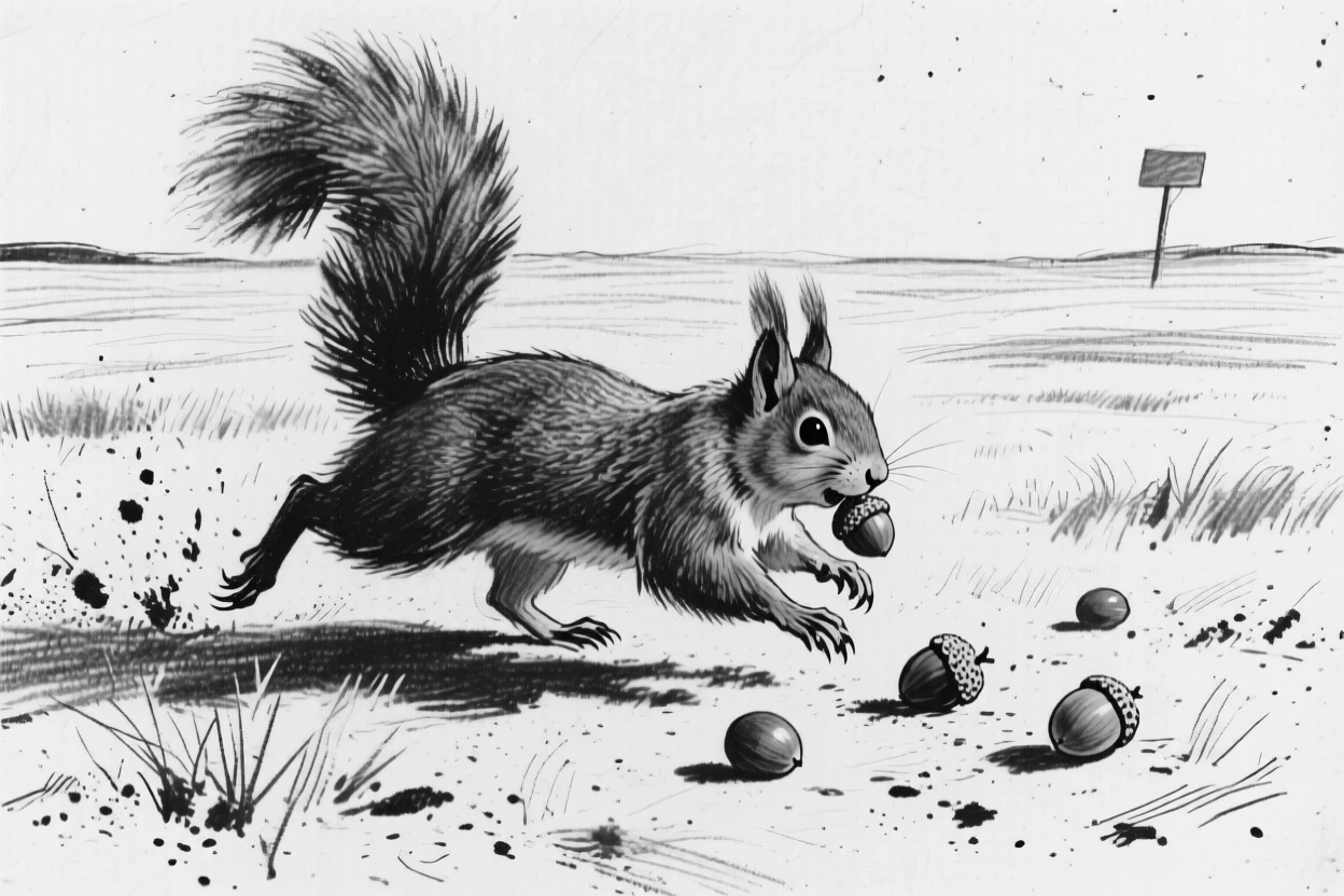 A squirrel gathering acorns running freely across an open plain.