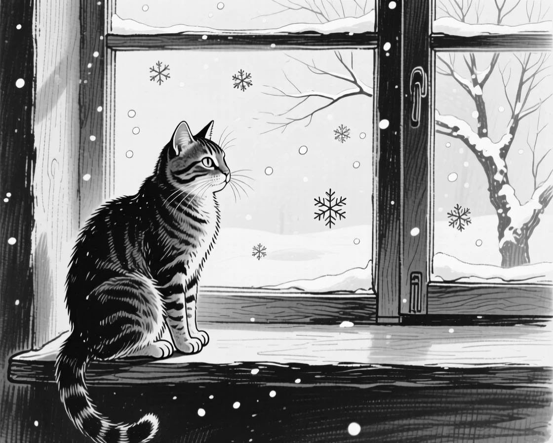 A cat perched on a windowsill watching falling snow outside.