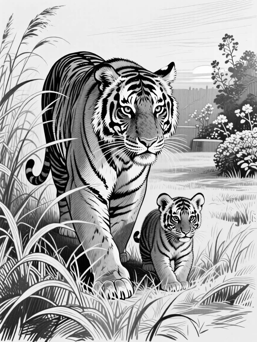 A tiger prowling through tall grass in a garden at first light, with its young close beside it, capturing a gentle and endearing moment in nature with a strong, centered focal point.