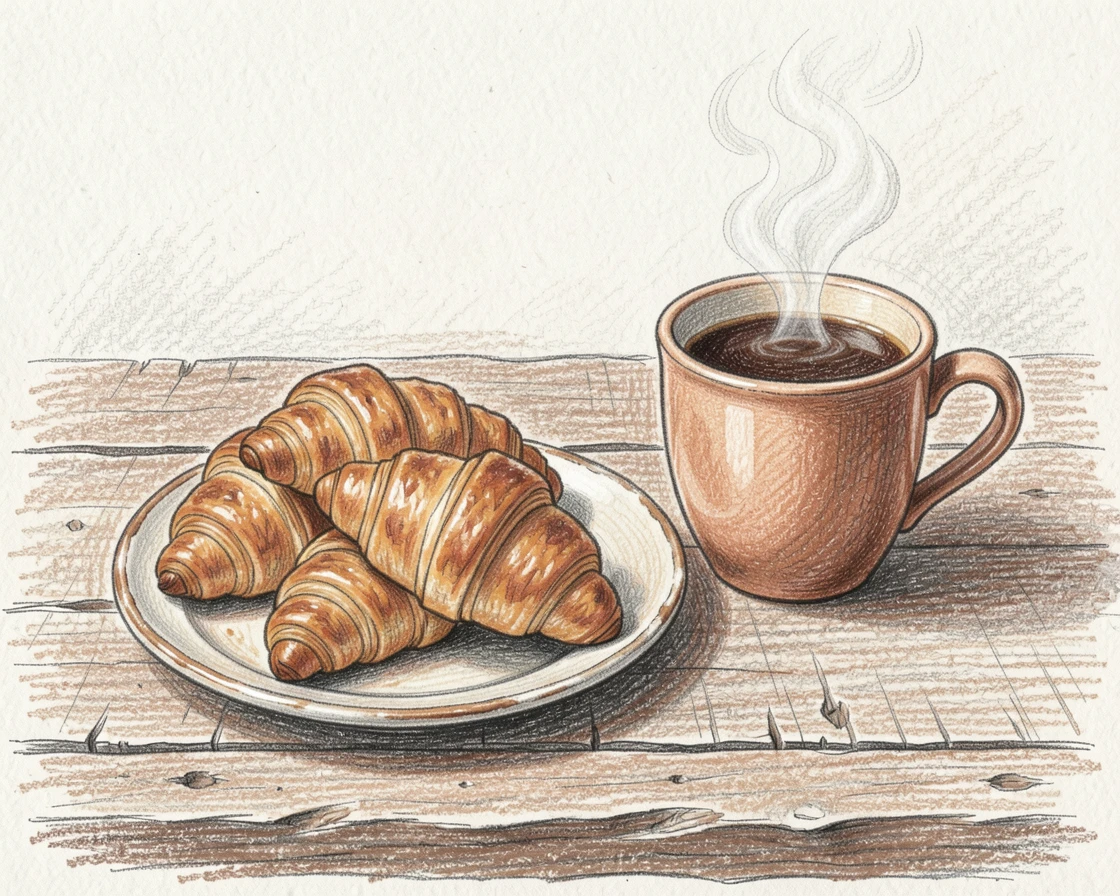 A rustic table spread with freshly baked croissants and steaming coffee, with steam gently rising into the warm air, capturing a quiet, satisfying morning ritual.