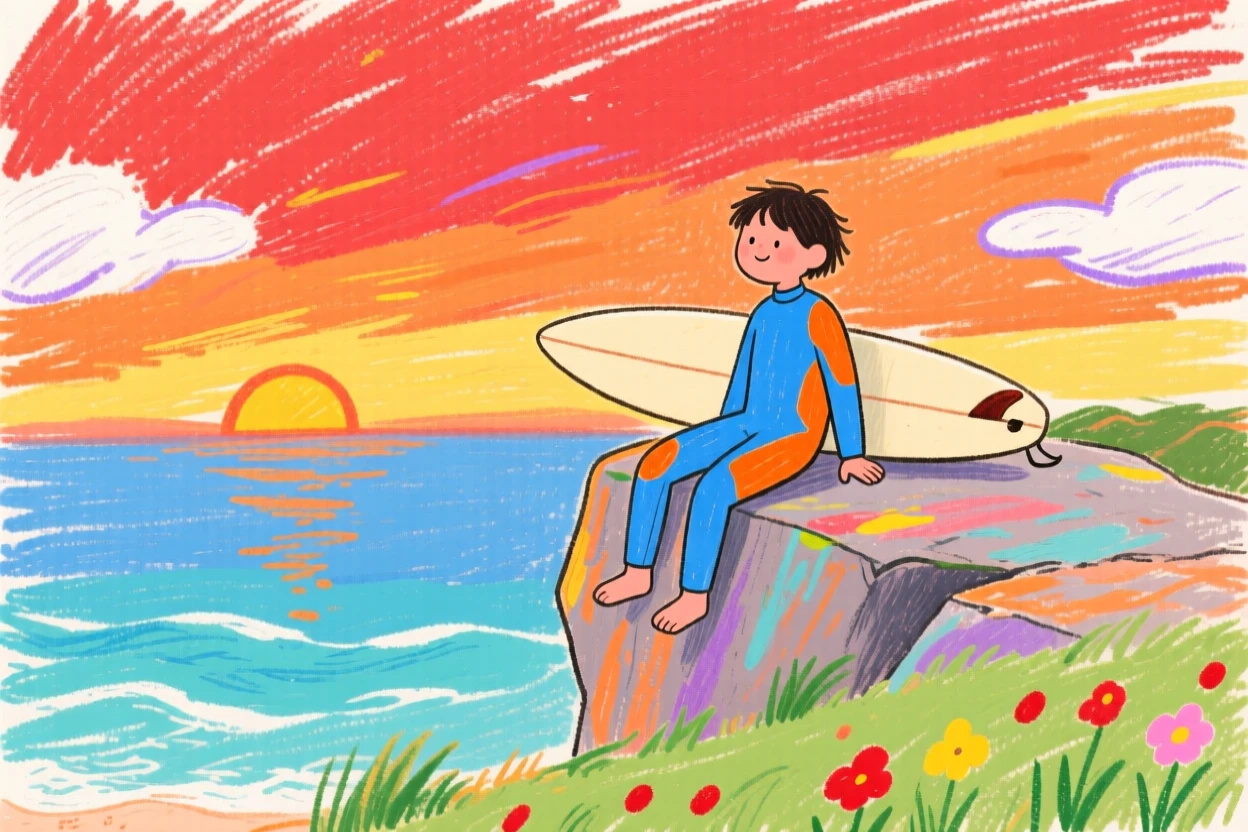 A lone surfer resting at a scenic overlook at sunset.