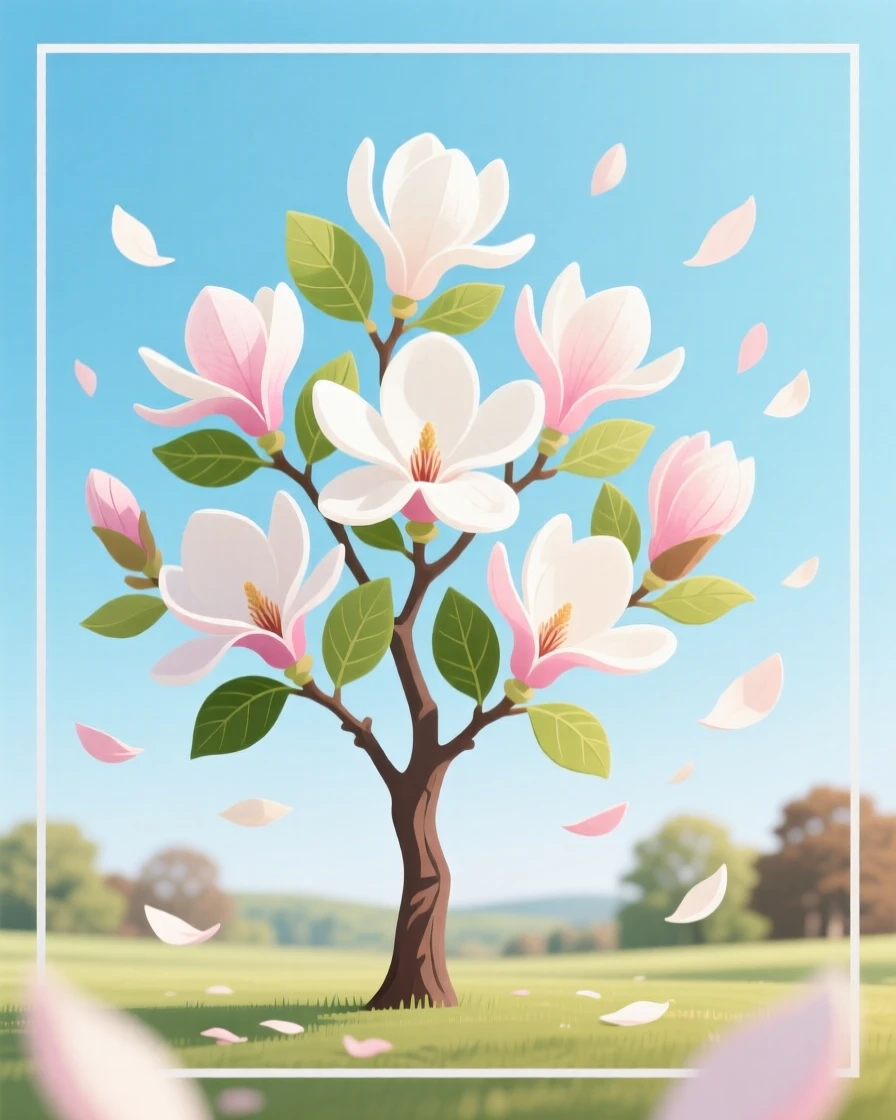 A blooming magnolia tree in full spring color, surrounded by drifting petals in the breeze, framed with a wide sweeping panoramic view, with a fresh, crisp clarity that highlights every detail.