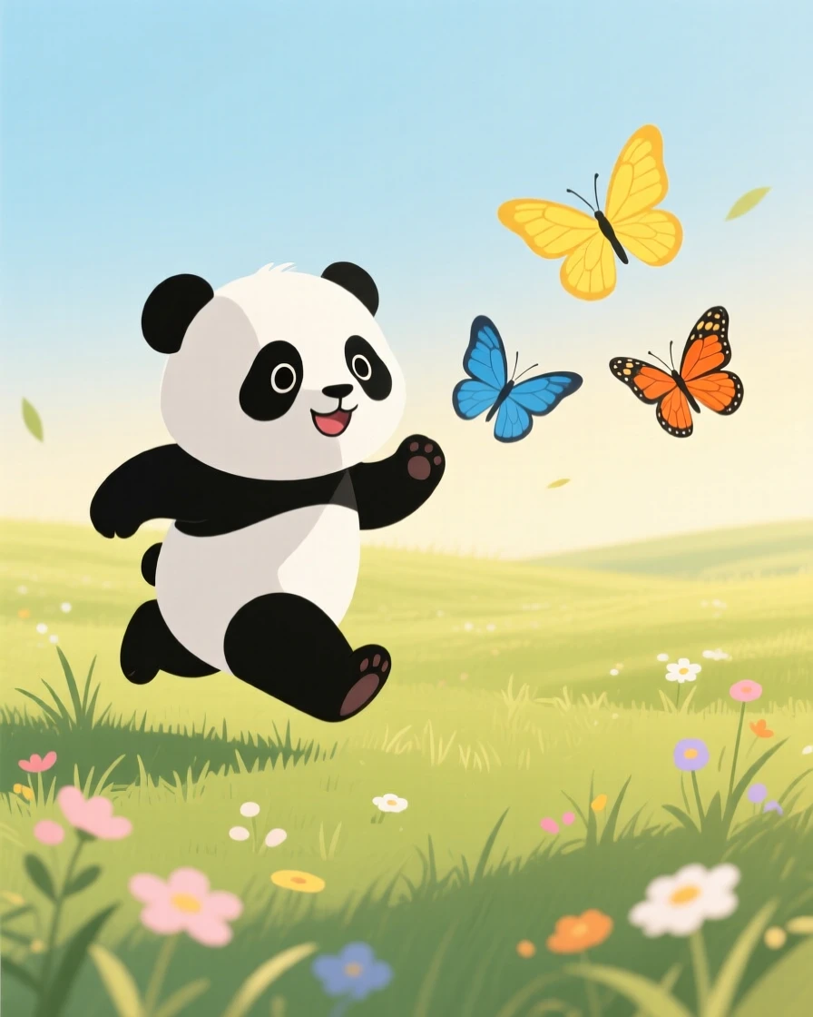 A playful panda cub chasing butterflies in a sunny meadow.