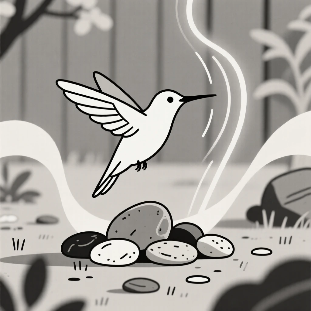 A curious hummingbird pausing in a quiet backyard garden, with a cluster of pebbles in the background, radiating protective warmth.