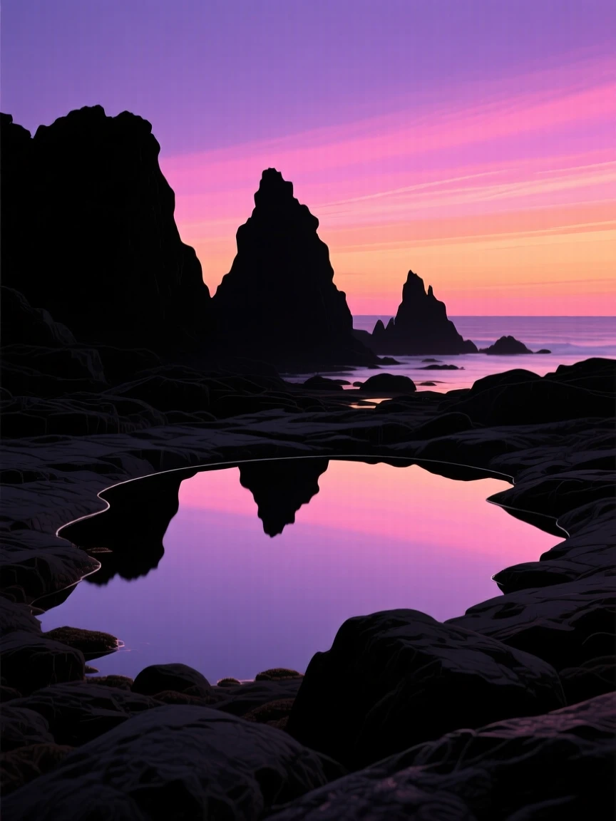 A tide pool reflecting the sky, tucked among dark coastal rocks.