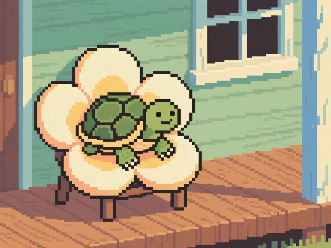 A tiny turtle sitting inside a flower like a cozy chair, on the porch of a tiny cottage.