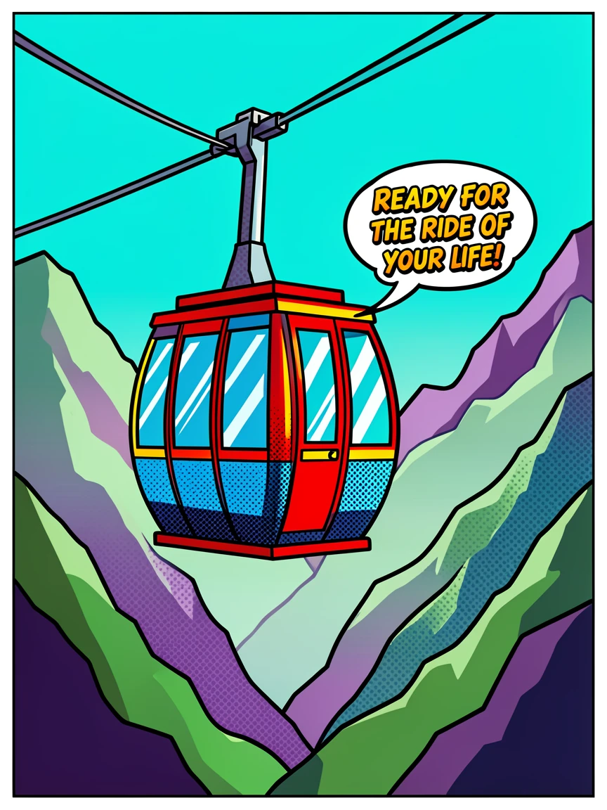 An elaborate gondola ride over misty mountain terrain