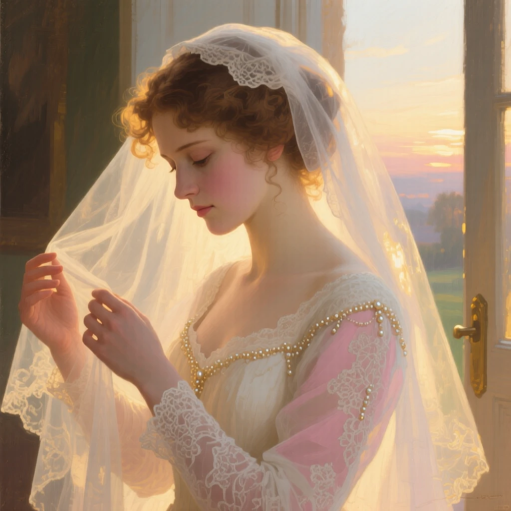An intimate close-up of a bride adjusting her veil before stepping outside, at dawn, in bright warm sunshine.