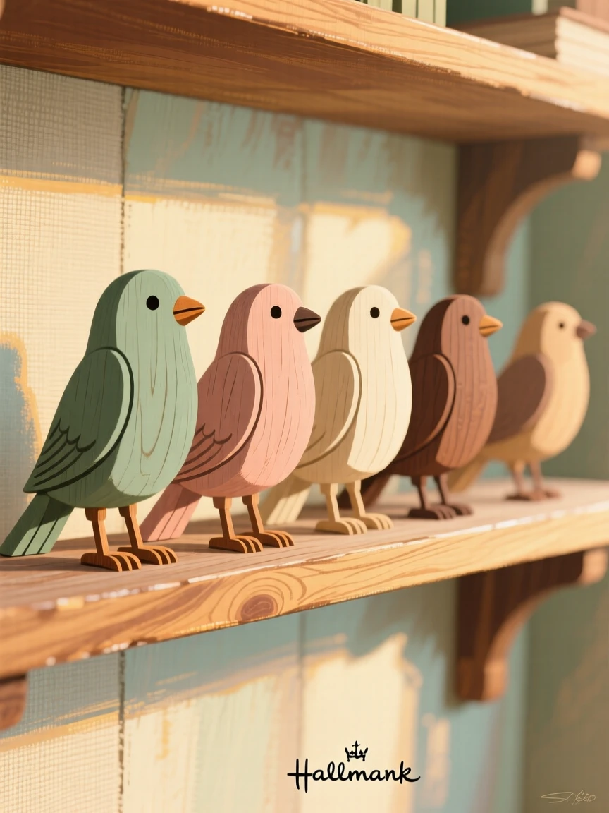 A set of hand-carved wooden birds lined up on a shelf