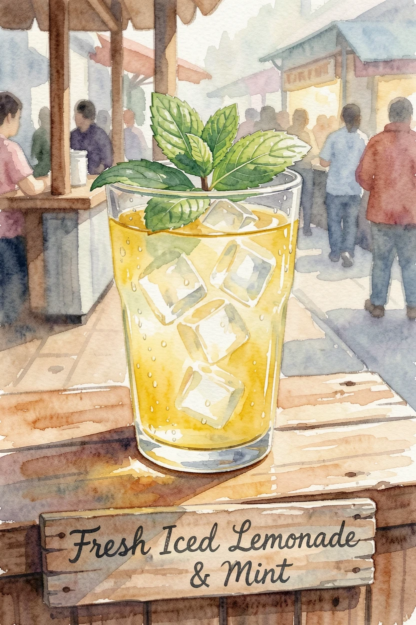 A glass of iced lemonade with mint leaves on a street food stall counter.