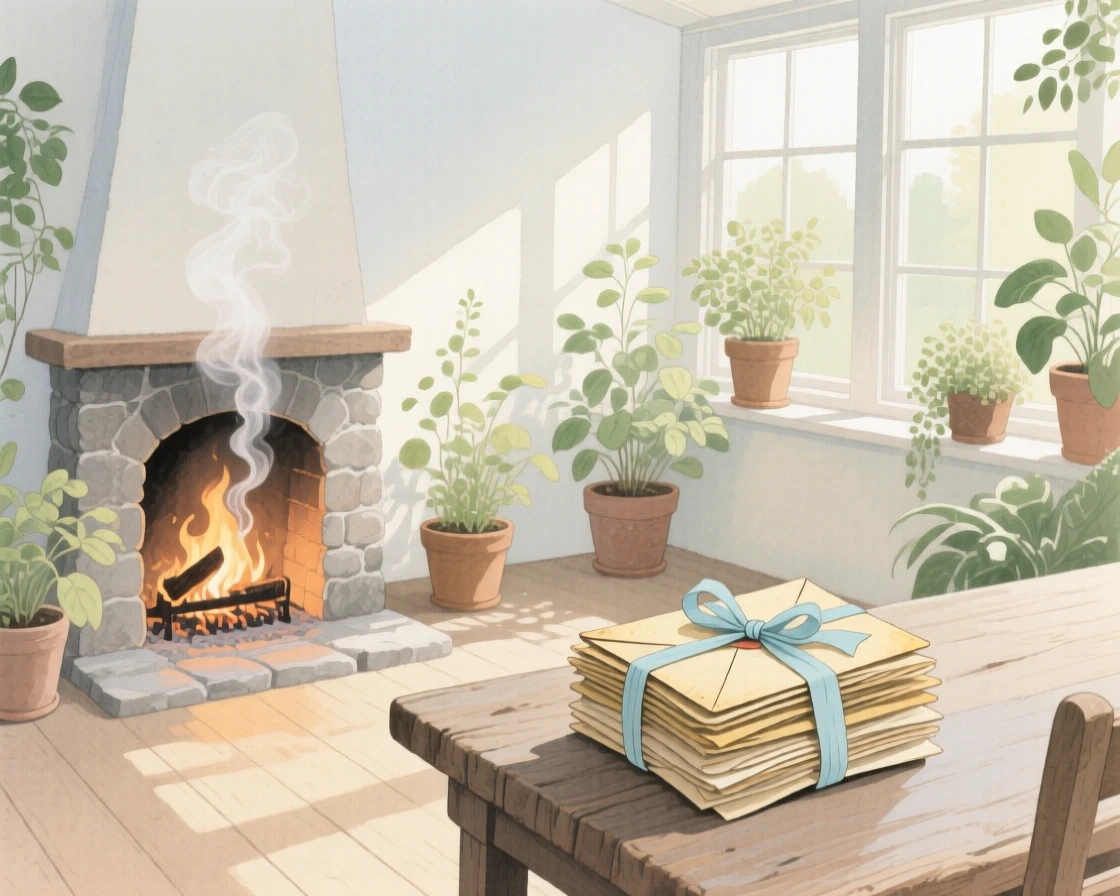A charming view of a garden sunroom, with a fire crackling softly in the hearth, featuring a stack of old letters tied with ribbon
