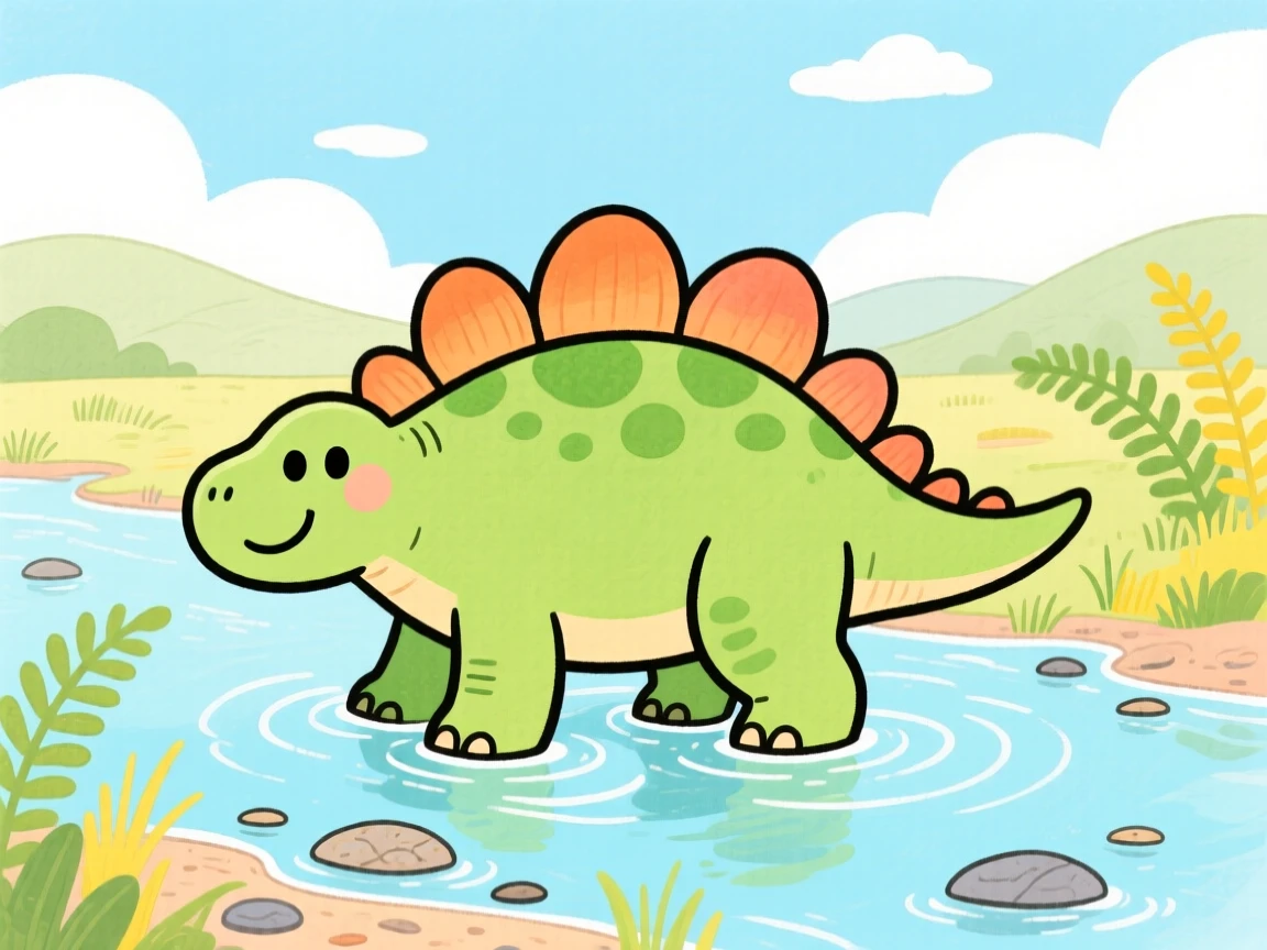 An exciting view of a friendly stegosaurus wading through a shallow prehistoric river.