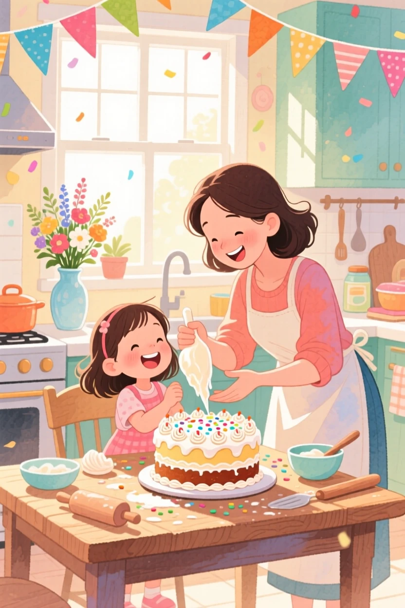 A little girl helping her mother frost a cake in a sunlit kitchen, brimming with festive, mouthwatering delight.
