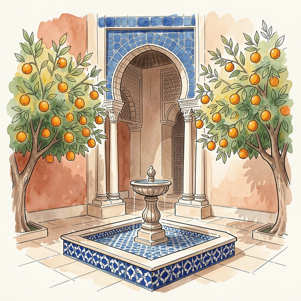 A traditional Moroccan riad courtyard with a tiled fountain and orange trees framing a blue-tiled archway
