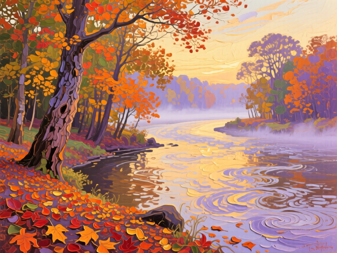 a river bend beneath autumn trees, in early morning mist, with layered visual detail from foreground to horizon.