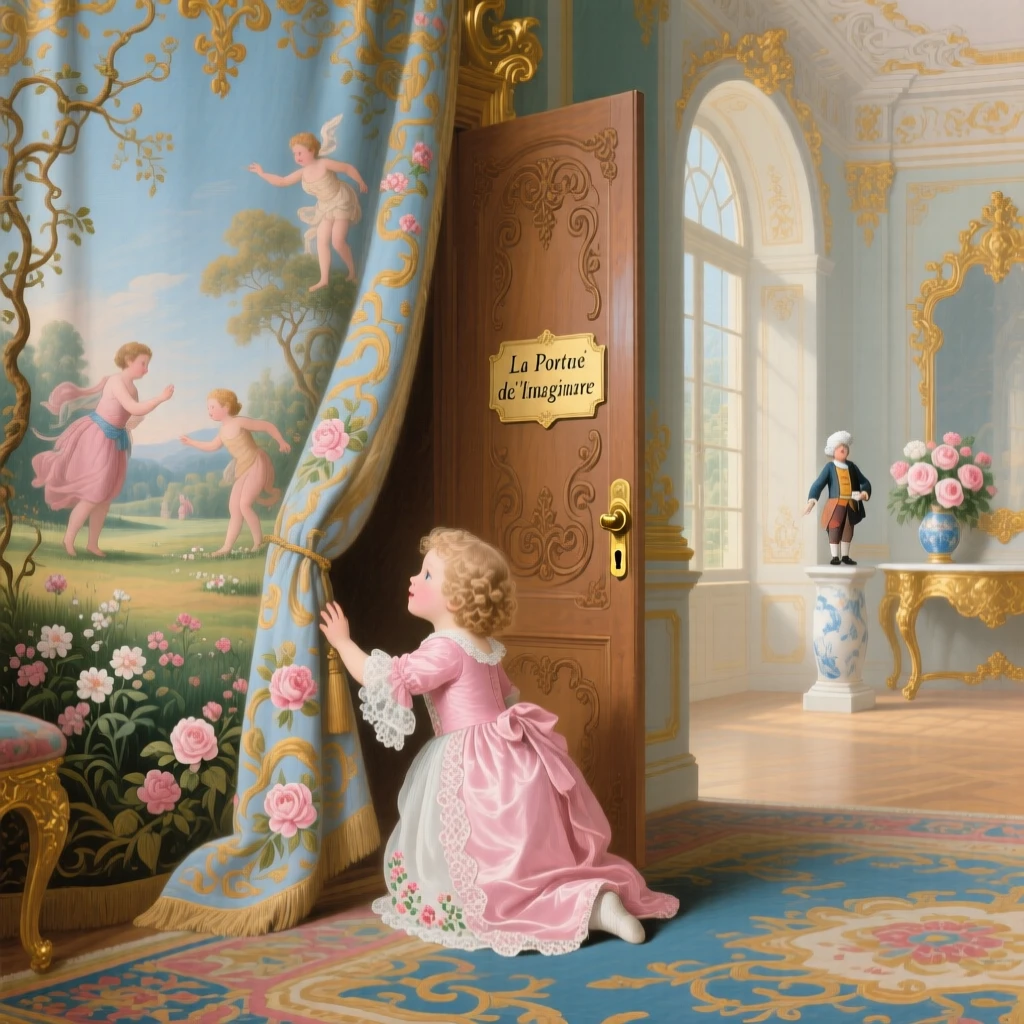 A child discovering a hidden door behind a tapestry in a grand palace hall  