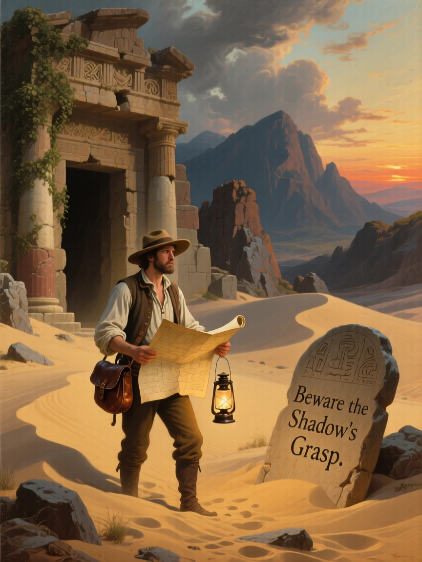 A daring archaeologist uncovers an ancient ruin buried in sand as danger lurks in the shadows.