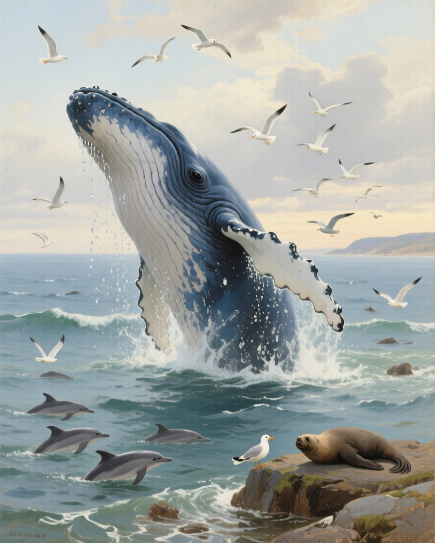 A humpback whale breaching dramatically above the ocean surface, as the surrounding wildlife goes on undisturbed, capturing a rare and intimate glimpse into wild life