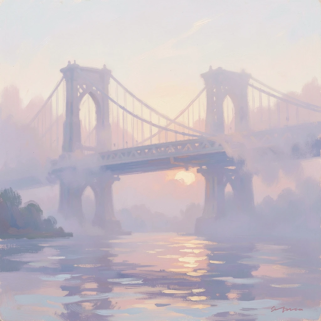 A dramatic fog rolling over a suspension bridge at dawn, the towers disappearing into the mist.
