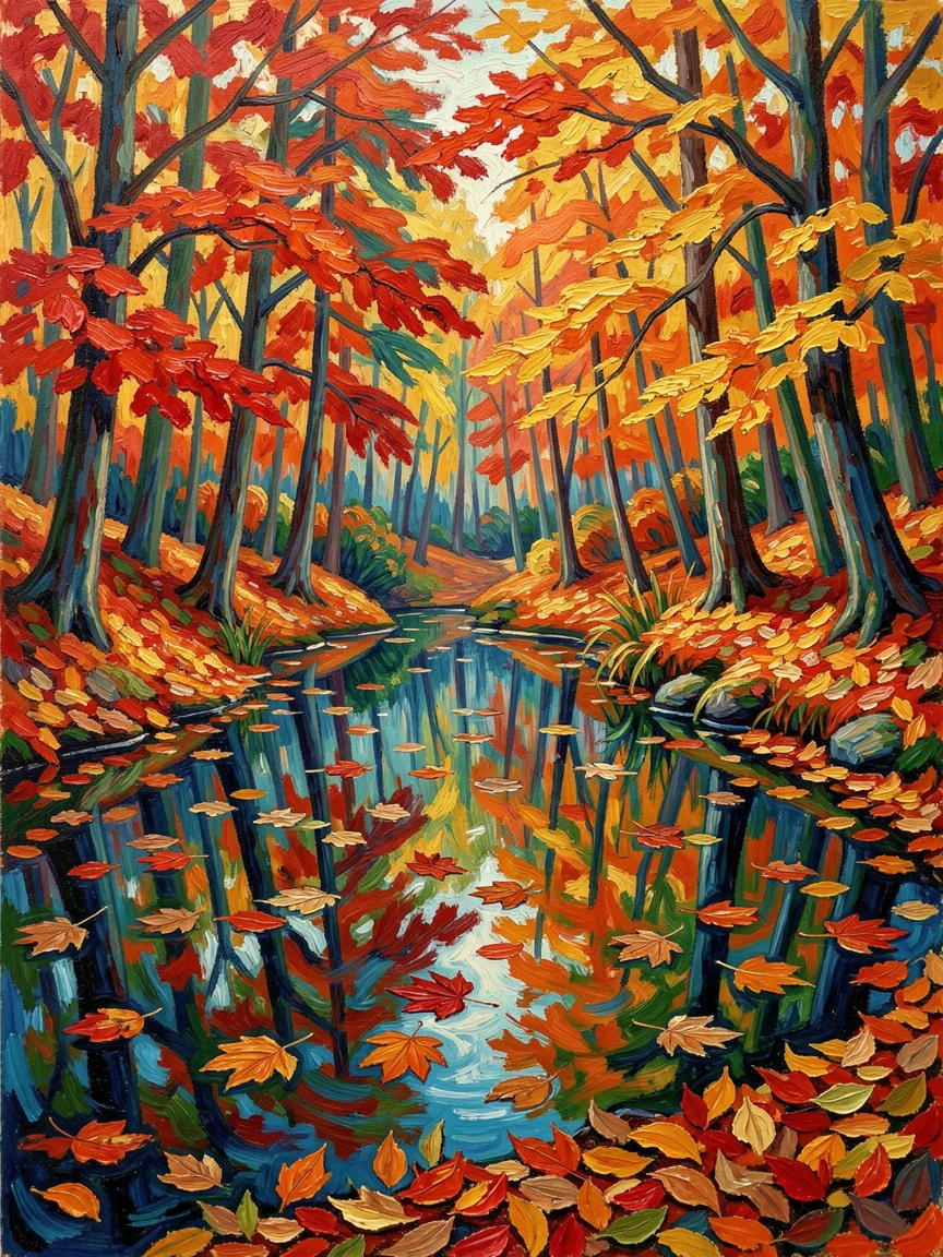 A tranquil forest pond where autumn leaves float in perfect stillness.