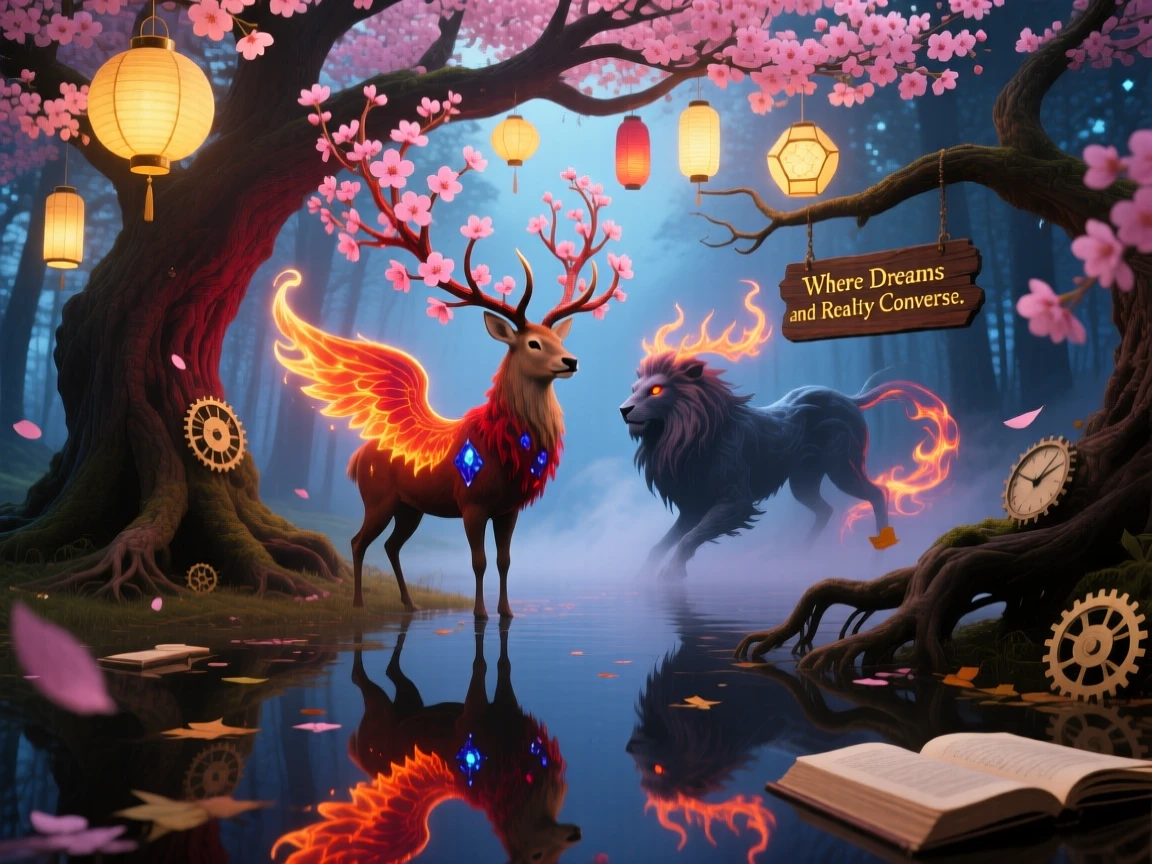 A stag with branches of blooming cherry blossoms for antlers pauses beneath a tree hung with glowing lanterns, while its reflection shows a completely different creature.