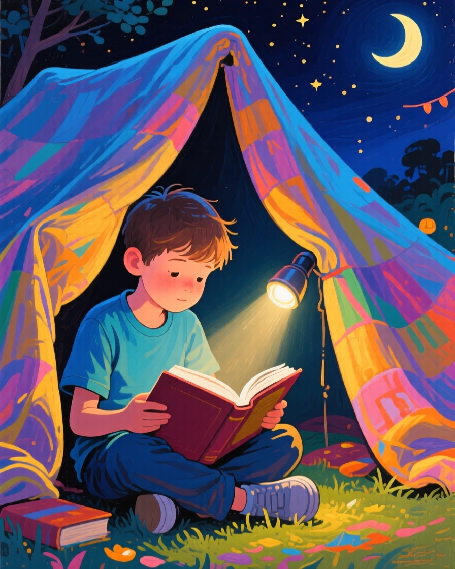 A young boy reading a book by flashlight under a blanket fort late at night