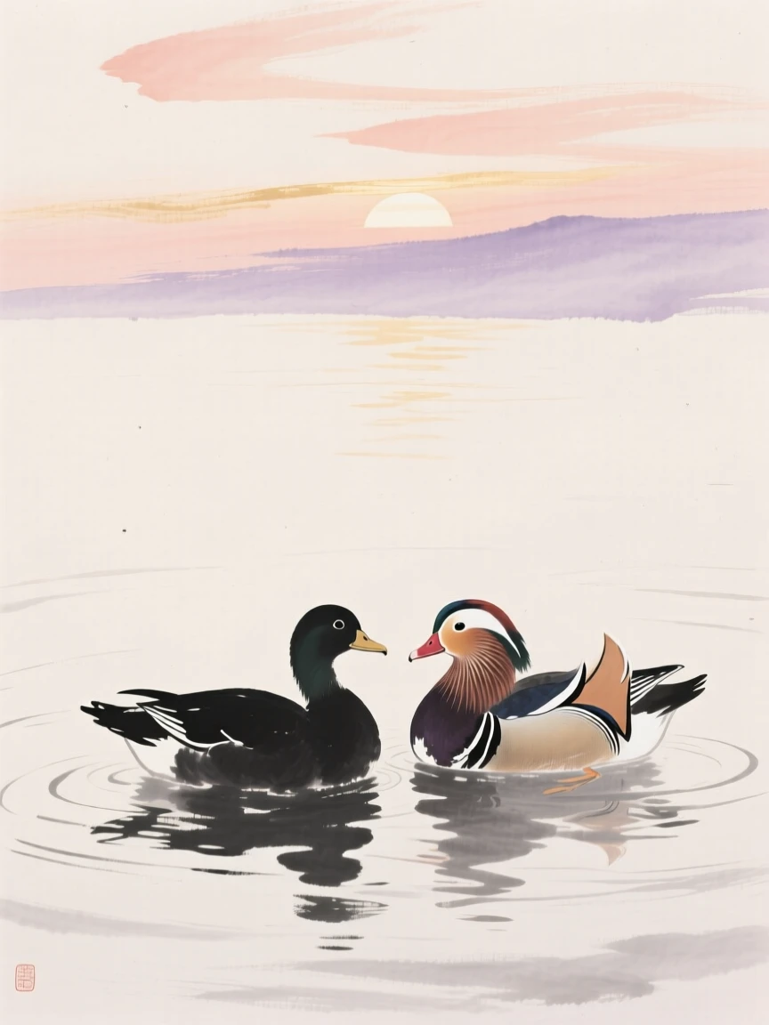 A pair of mandarin ducks float side by side on a pond, beneath a sky streaked with the colors of dawn.