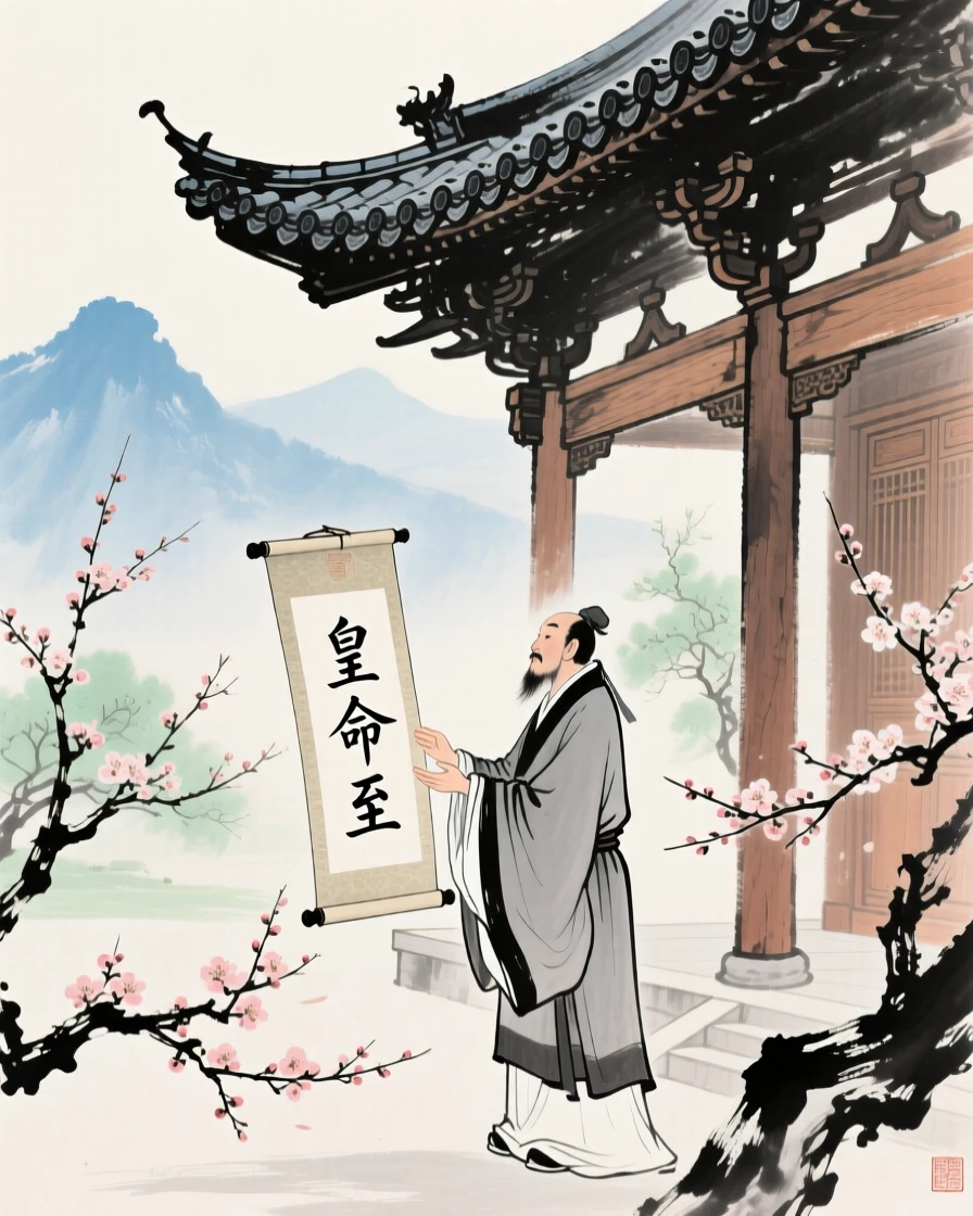 A scholar receiving an imperial edict beneath the eaves of a great hall, conveying a deep sense of harmony with nature, in early spring.