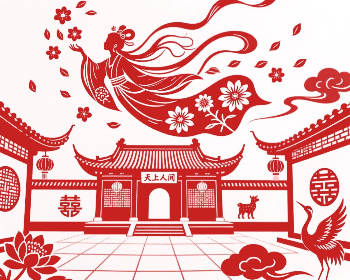 A celestial maiden scattering flower petals from the sky above a temple courtyard, robes swirling in the wind