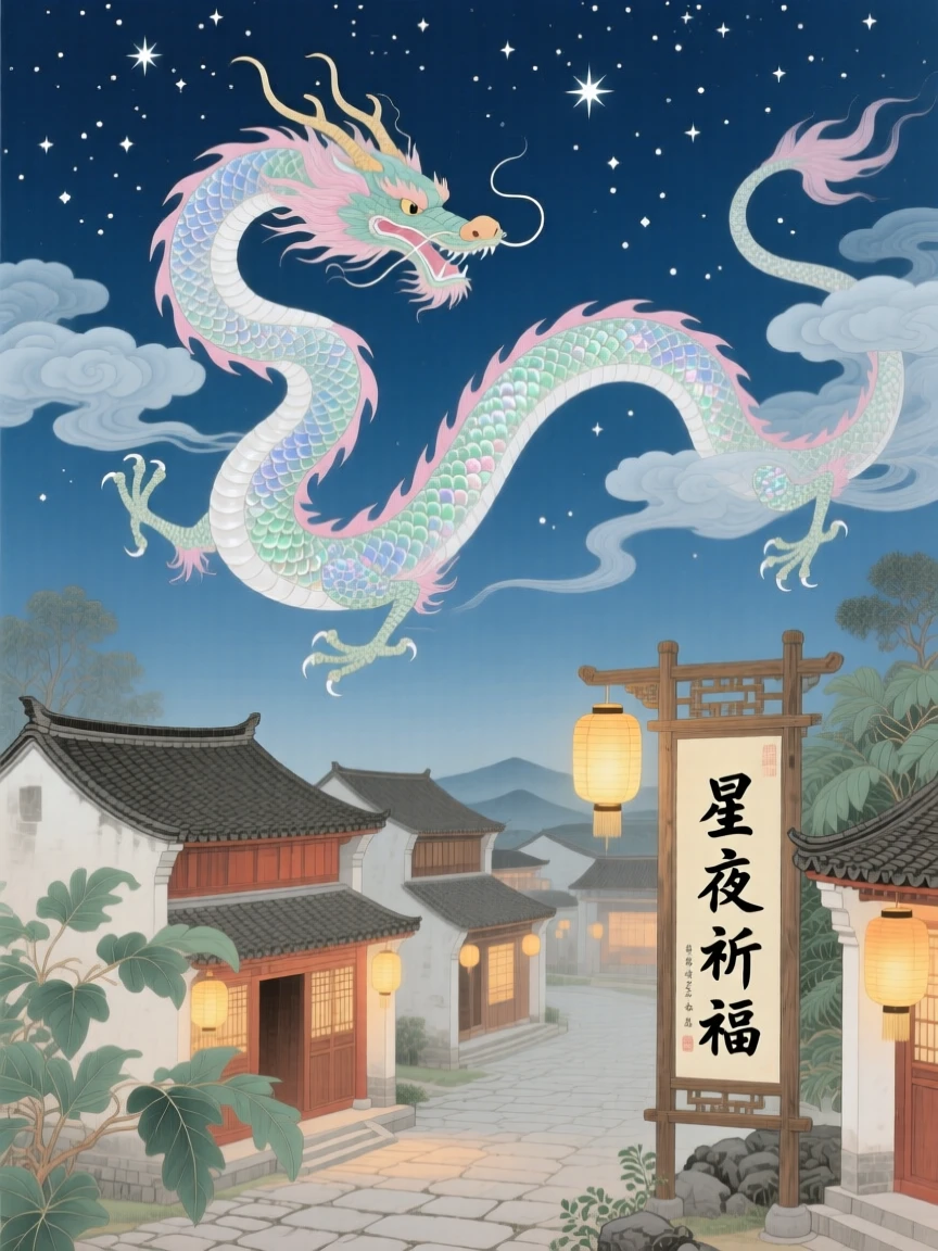 A cloud serpent with pearlescent scales above a village during a starlit festival