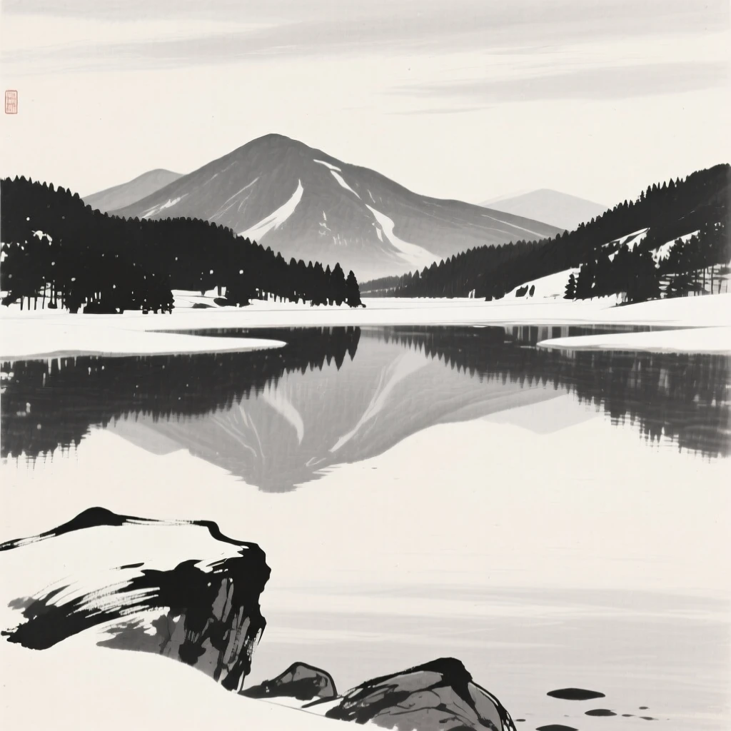 A quiet lake mirroring a ring of distant peaks under a pale winter sky heavy with unfallen snow, framed low, with the foreground rocks leading the eye toward the distance, suggesting the quiet vastness of the natural world.