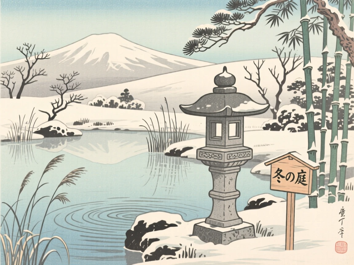 A stone lantern beside a garden pond, reflecting a pale winter sky.