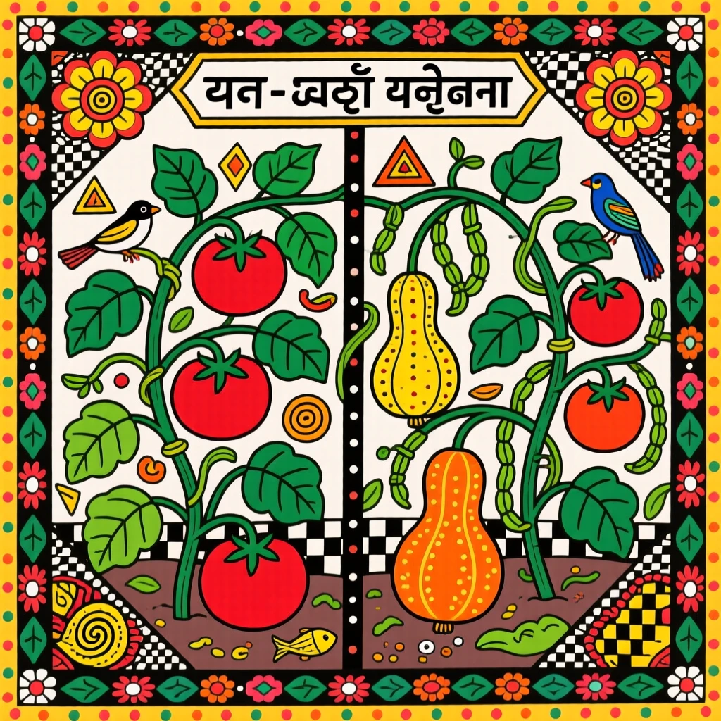 A vegetable garden bursting with tomatoes, gourds, and climbing beans.