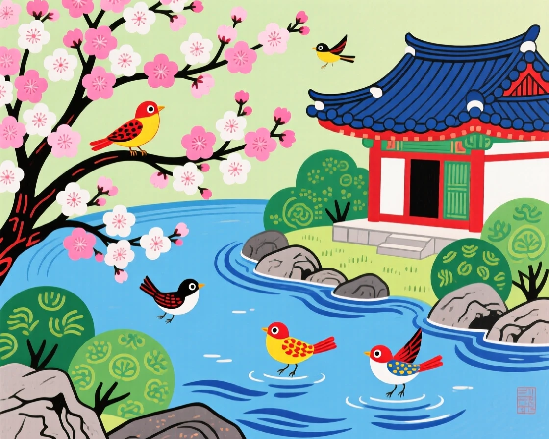 Peach blossoms in early spring beside a quiet temple pond.