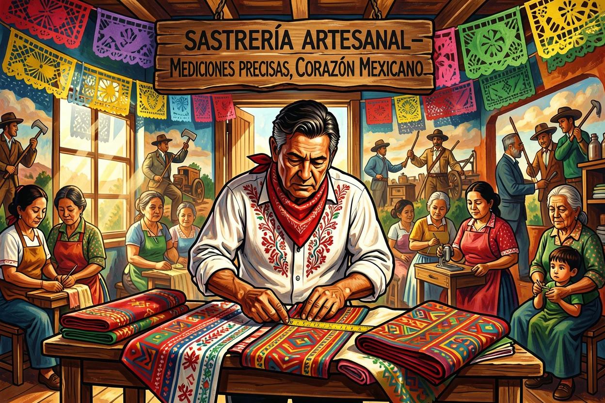 A tailor measuring fabric in a small sunlit shop