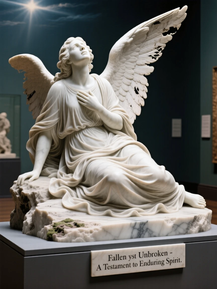 A fallen angel gazing up at a distant heaven, cloaked in flowing fabric that ripples in the wind, radiating power and legend
