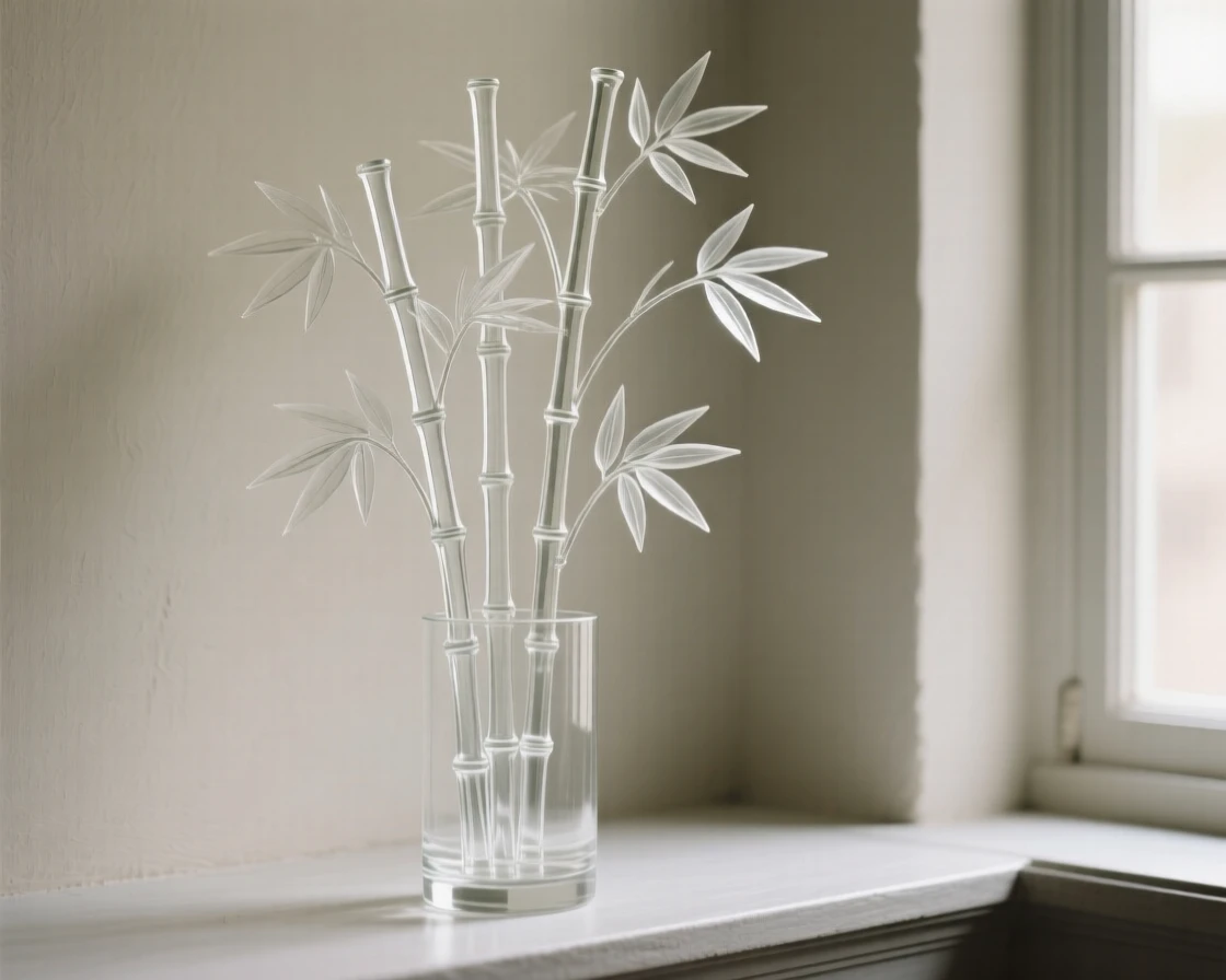 A bamboo grove swaying gently arranged in an elegant vase on a windowsill, soft diffused light streaming in, creating a tranquil still-life mood.