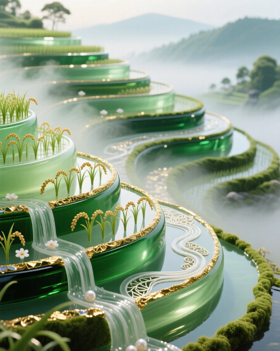 A cascading terraced rice paddy glowing green under morning mist, harmonious and picturesque.