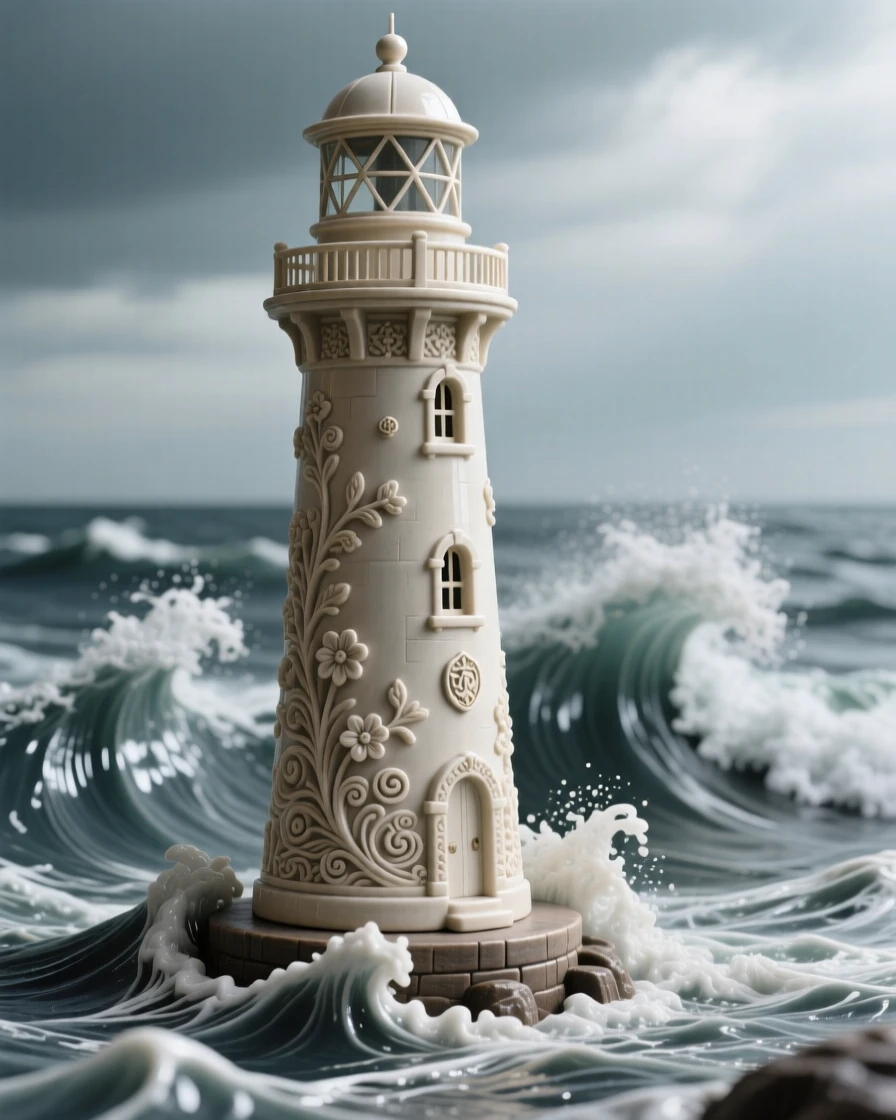 A lighthouse standing against crashing waves standing majestically against a dramatic sky, with intricate carvings along every surface, capturing the romance of a bygone era.