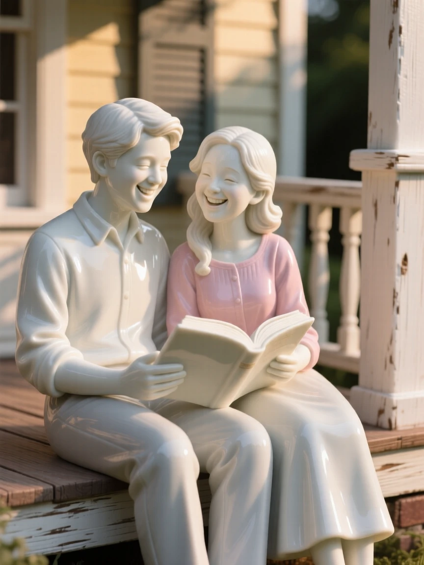 A tender scene of a young couple laughing together over a shared book in a rustic farmhouse porch, the scene bathed in golden late-afternoon light.