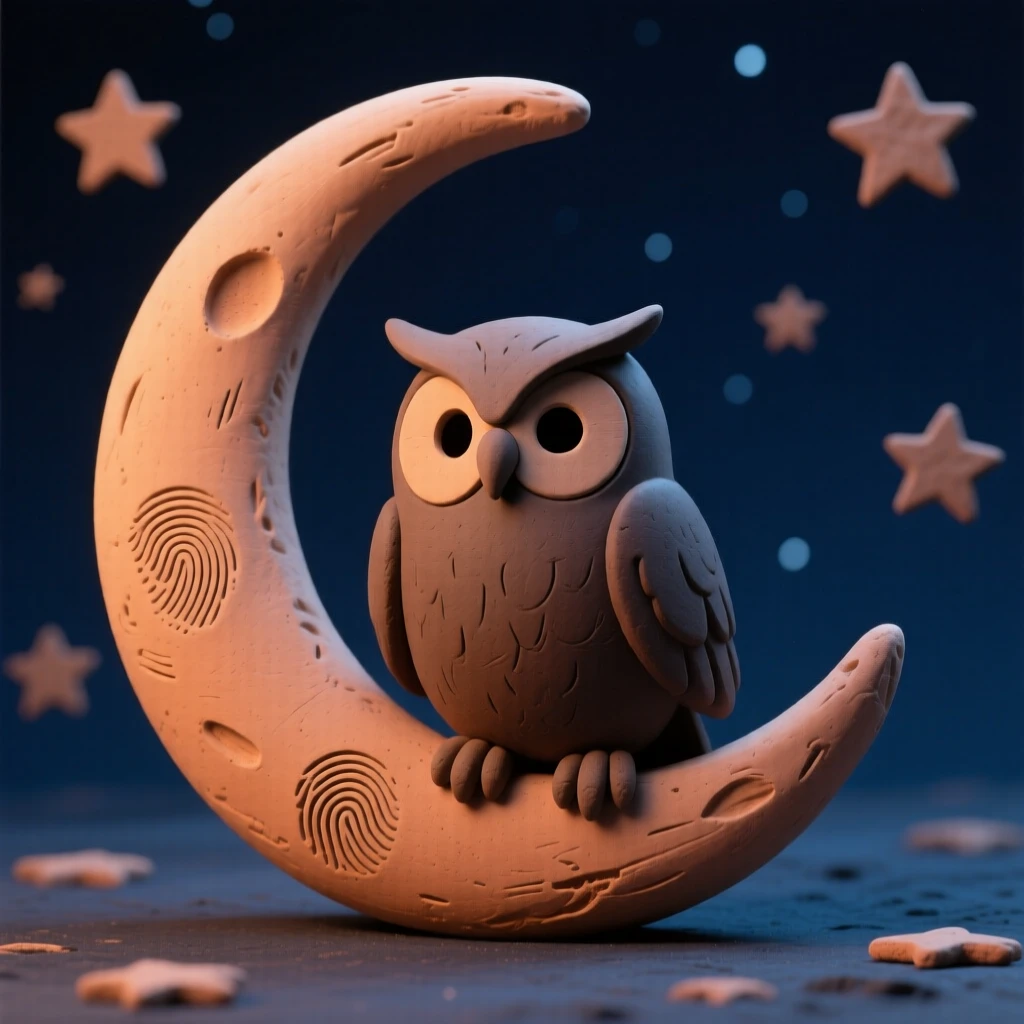 An owl silhouette perched on a crescent moon at midnight