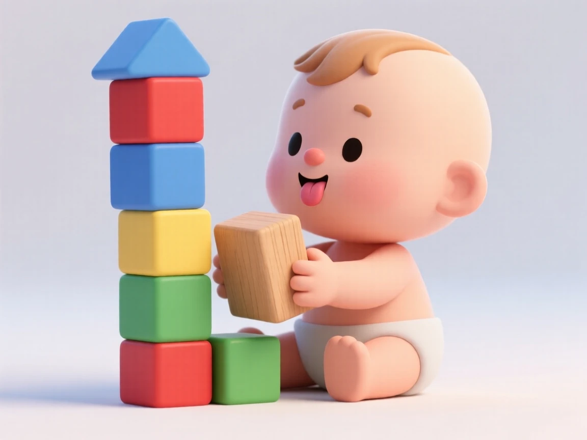 A curious toddler stacks colorful wooden blocks into a wobbly tower, tongue poking out in deep concentration.