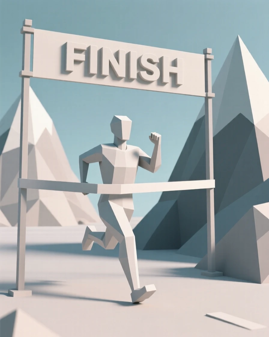 A runner crossing a finish line in triumph, surrounded by towering mountains. the composition balances subject and open space. The mood feels adventurous and free.